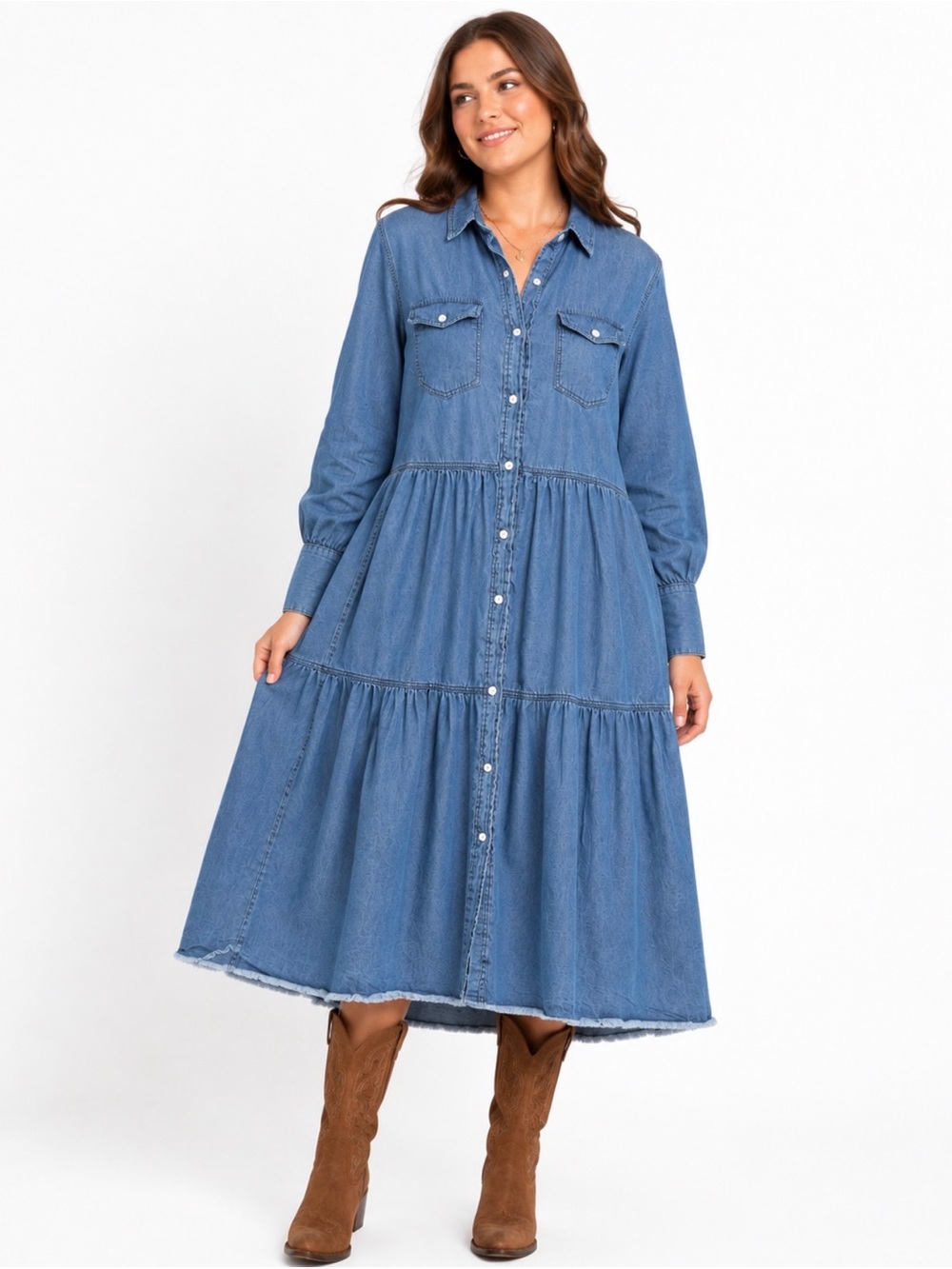 Blakeley Jessie Tiered Chambray Long Sleeve Midi Dress Boho Western Size 1X - Picture 1 of 9